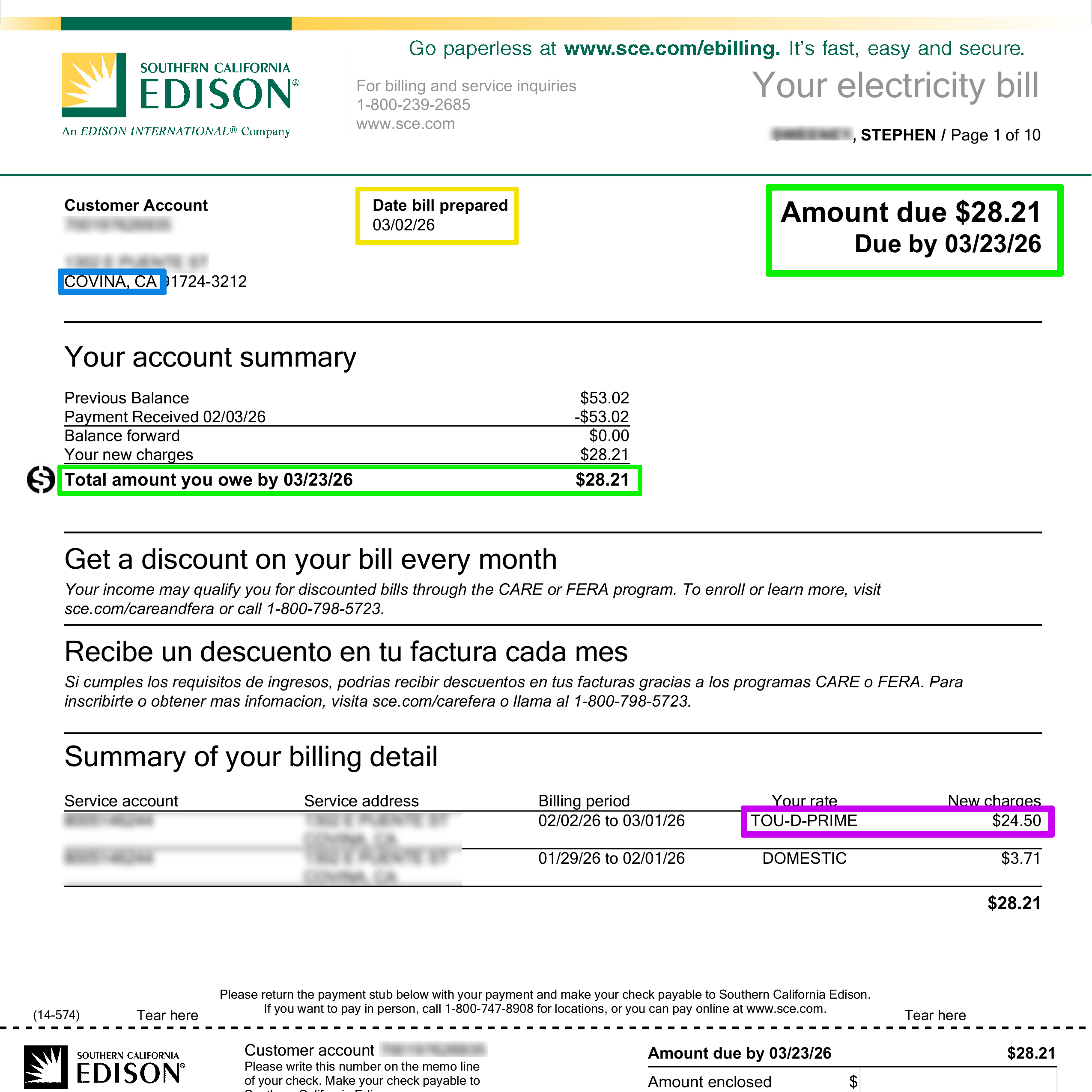 SCE Southern California Edison electric bill example 2026