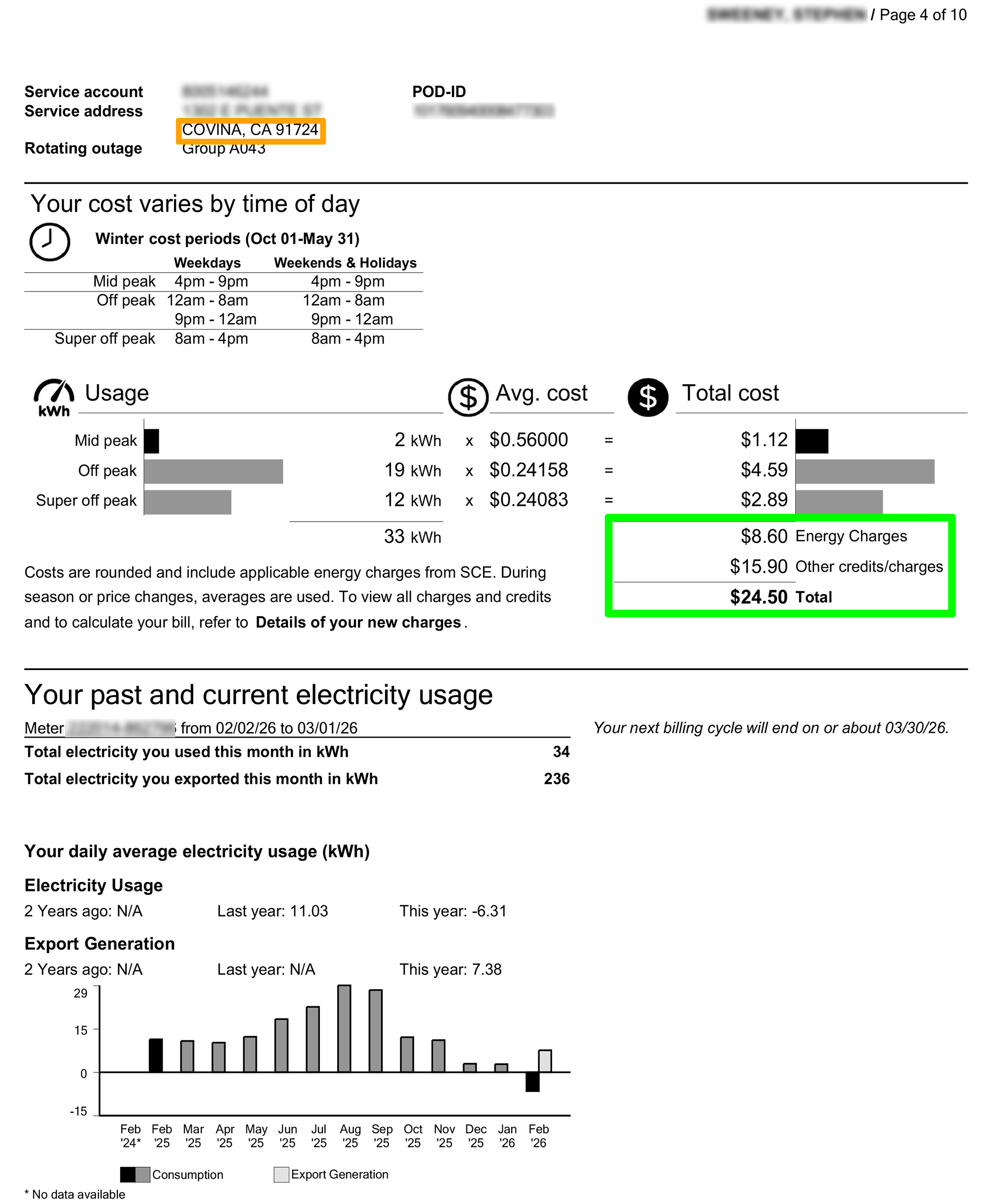 SCE electric bill usage history page example
