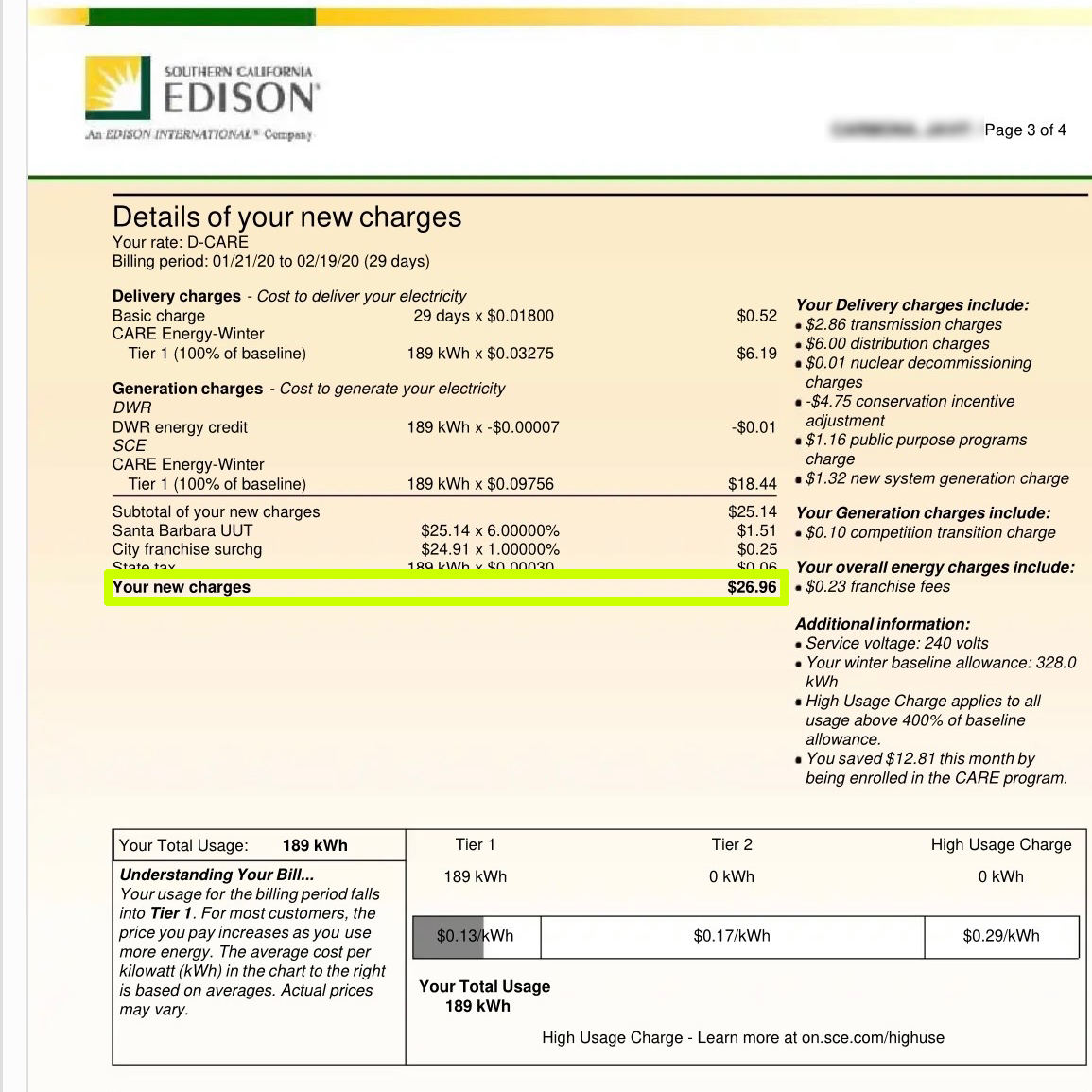California electric bill example showing utility rate charges