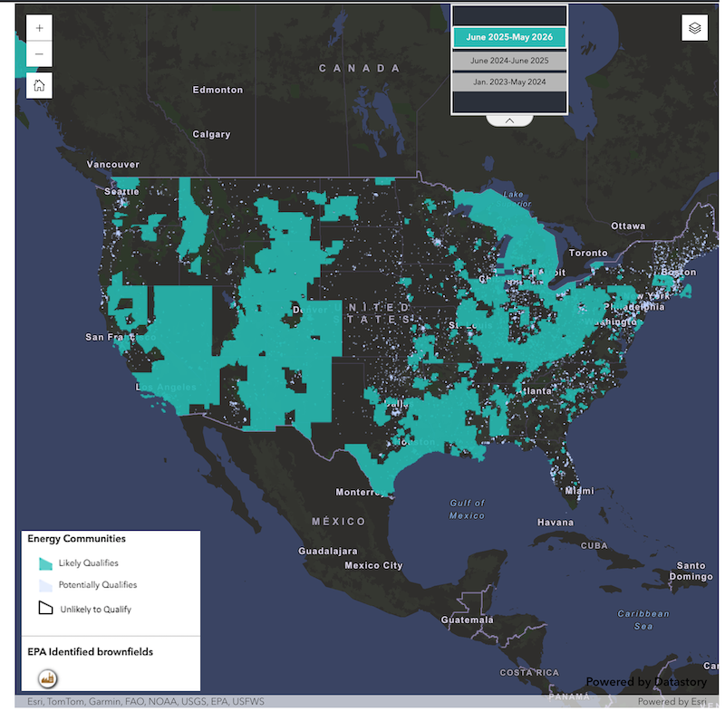 IRS Energy Community bonus tax credit map showing qualifying zip codes across the United States