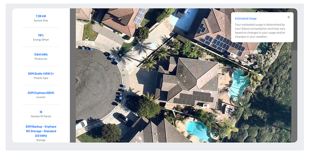 Propel proposal system design showing 7.38kW Enphase system on Mission Viejo home